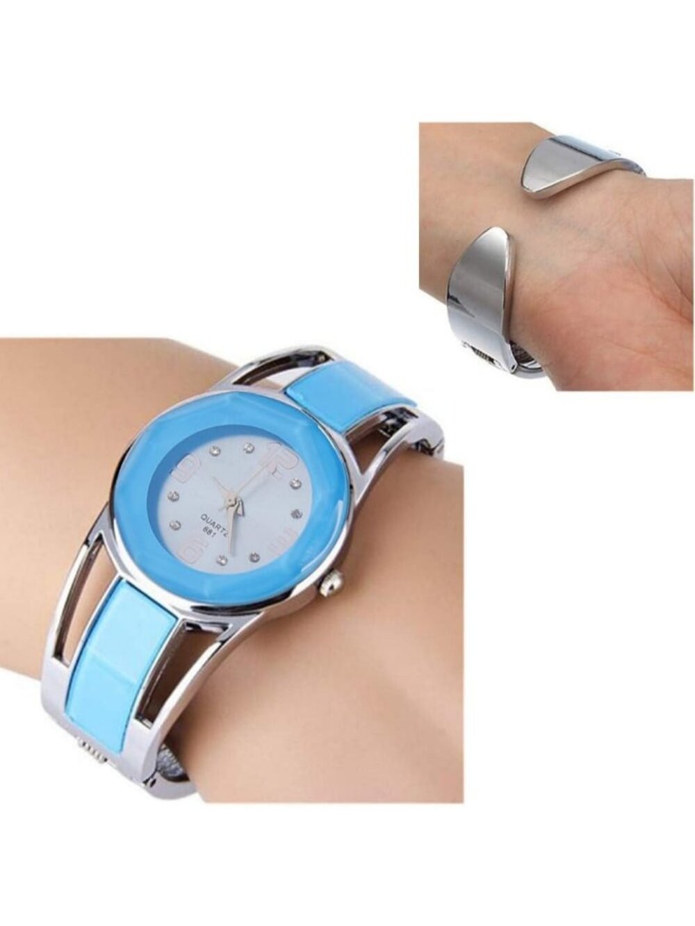 Women's Light Blue Quartz with Rhinestone Round Dial Stainless Steel Cuff Watch - Picture 4 of 7